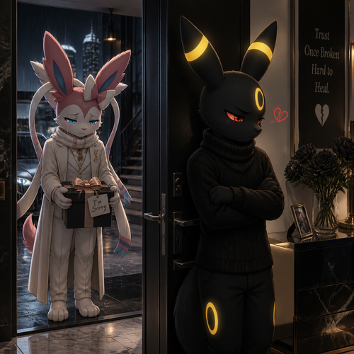 A sad rich male Sylveon, who came to see and offering a gift with a bow on it for apology, Still loves his male Umbreon that wears black sweater standing on a front door inside of his modern house very unhappy to see and still has a broken heart. In the anthropomorphic universe (well-made).
