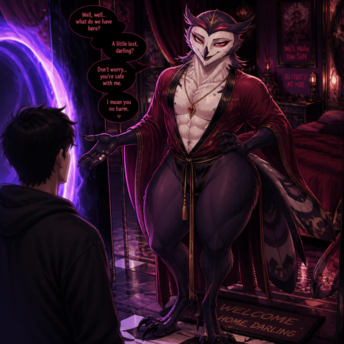 A lovely homosexual gay Owl from “Helluva Boss” with thick thighs and wide hips also wears a robe who greeted a shy human being that came from a portal and means no harm. (A well-made male character and a good view)