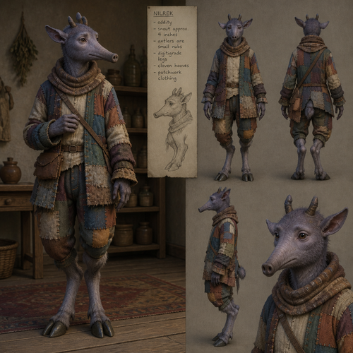Short fur covers most of his body and his faintly violet skin can occasionally be seen through it, he is an oddity, he has a snout that protrudes approximately 4 inches from his face, his antlers as small nubs sticking out of his head, he has digitigrade legs that end in cloven hoofs. His clothing are patchwork and made of different materials sown together, linen, cloth, wool, cotton, all of a variety of colours and sizes,