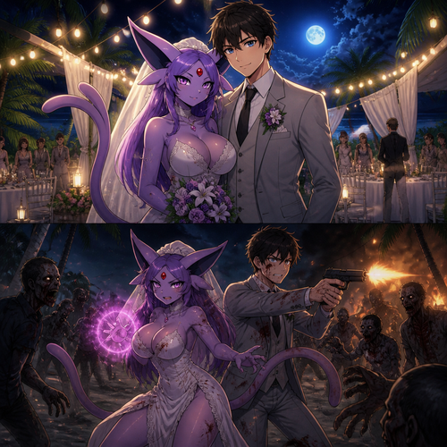 In this reality, at the wedding right before everything was perfect and then after the zombies crashed the party. A busty adult female Espeon the bride and her human groom as husband and wife stand together and face the living dead at night. A well-made anime version. A modern life. On a tropical island.