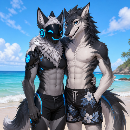 Two homosexuals at the beach together. A Protogen and a Sergal. Well-made characters. Front views.