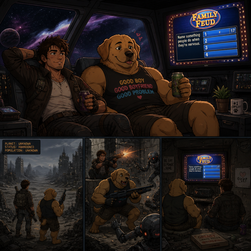 In a lone galaxy, a well-made animated version. In a spaceship, a human pilot/scavenger, and his best friend a thick homosexual anthro gay golden retriever with floppy ears. Both finding themselves on a scavenging hunt and knows how to defend themselves from any threats even some robots. In an abandoned planet unknown in a concrete jungle. And watching Family Feud on a telegraphic flat screen while on break.
