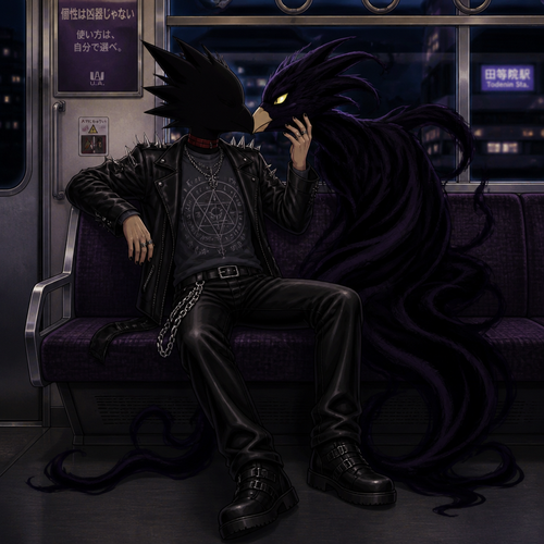 Tokoyami Fumikage wearing leather pants with a chain hanging off the right hip, a grey shirt with arcane symbols, and a leather jacket with shirt spikes on the shoulders of the jacket. He is sitting on a train kissing his quirk Dark Shadow who is male. Anime art style, full body.