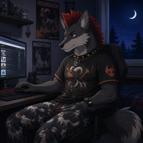 A young male dire wolf wearing mightyena theme pajama pants and houndoom theme shirt, has a red mohawk hairstyle. Sitting at a computer desk browsing the web. Next to the desk built into the wall is a window showing its nighttime outside. Anime art style.