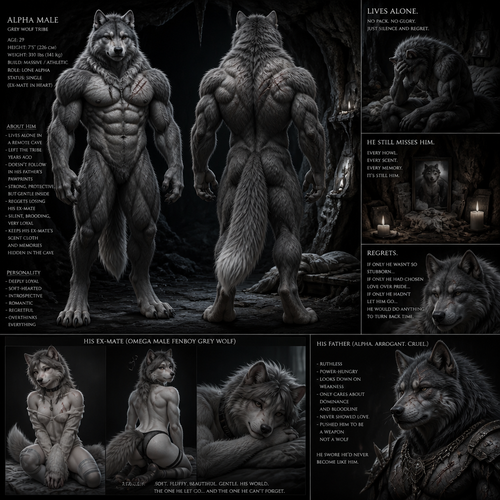 The well-made big and buff alpha male grey wolf tribe at front/rear view who lives in a cave all alone with no pack and misses his ex-mate (a grown male femboy fuzzy omega grey wolf tribe) sadly depressed and have regrets also is nothing like his arrogant father the alpha.
