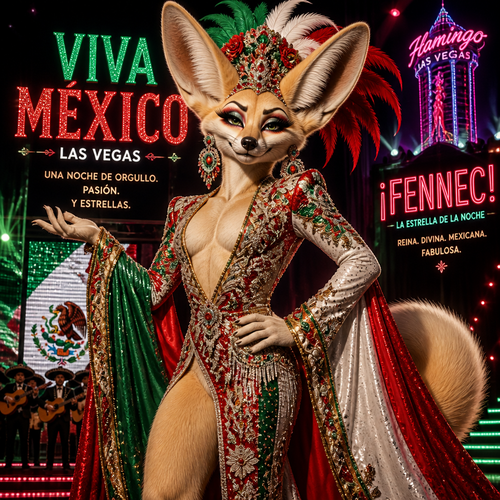 A well-made grown homosexual anthro Fennec Fox as a drag queen a star of Las Vegas for Viva Mexico.