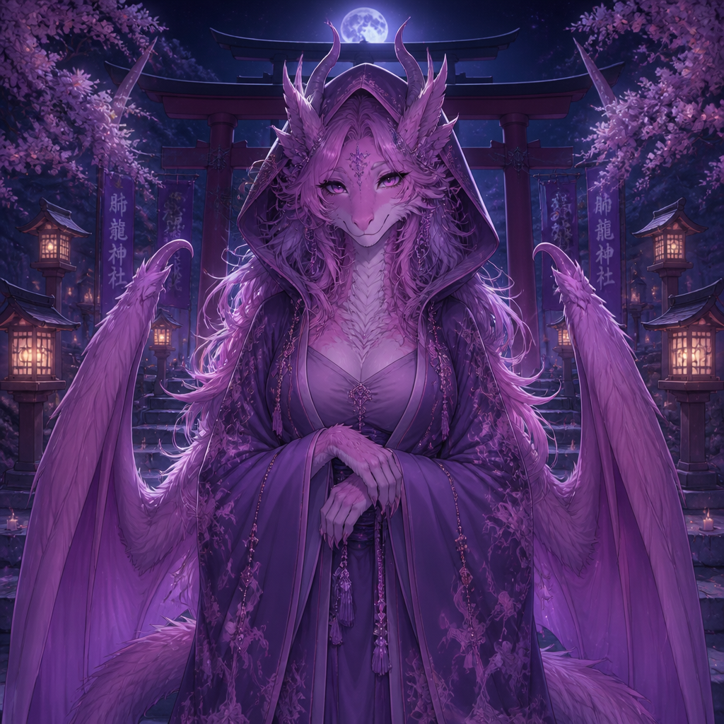 A well-made pink and purple furred dreamy grown female character, a lung dragon that wears a robe with a hoodie who sees you at a front view in the shrine by midnight.