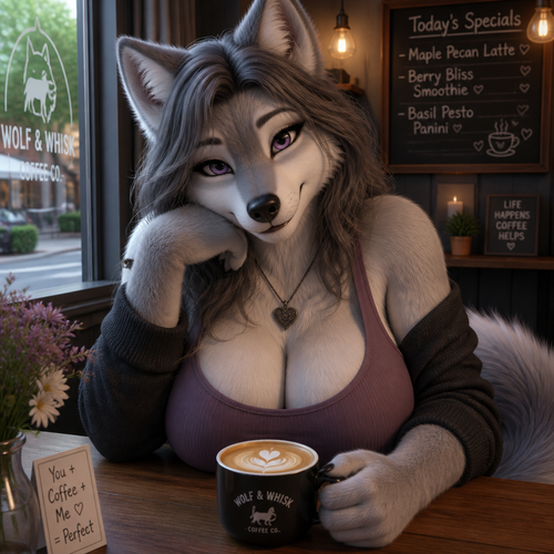 A busty friendly grown wolf female character as your girlfriend at the cafe.
