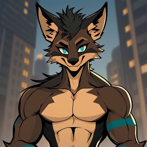 A male Anthropomorphic Jackal with a black fur that transitions to tan on his neck and belly. Dark cyan stripes adorn his arms and shoulders, bringing definition to his small yet muscular build. He is of average height, but his long pointed ears make him seem tall and foreboding from a distance. He is aversive and mysterious, but also kind and intelligent, his captivating smile fosters trust and safety.