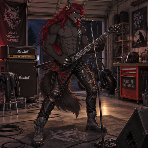 A high school aged male anthropomorphic black wolf wearing torn leather pants, shirtless showing off a 16 pack of abs, long red hair, 4 silver wolf skull rings, gold earrings located at the curve of his right ear, and grey leather combat boots. He is in his garage shredding on a guitar and singing into a microphone. Anime art style, full body.