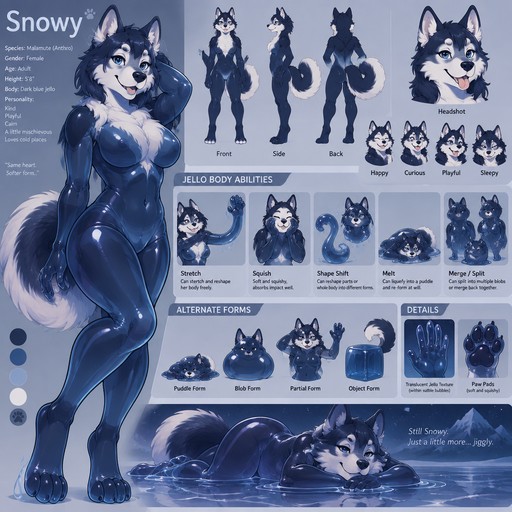 A female anthropomorphic malamute named Snowy that has a body made of a dark blue jello-like substance, reference sheet, one big picture, shows her abilities of a jello body