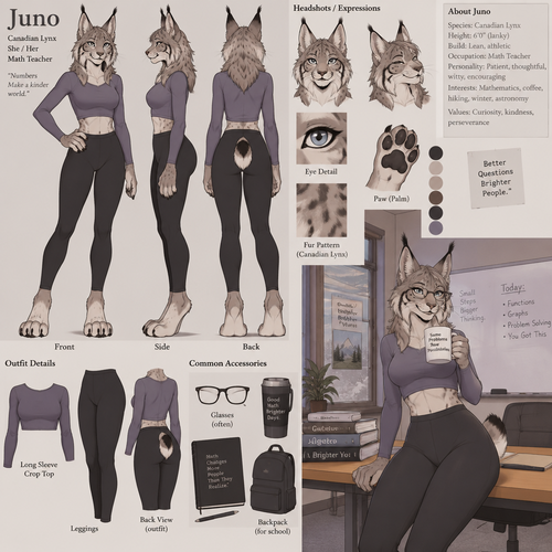 A beautiful lanky female anthropomorphic Canadian Lynx named Juno, is wearing a long sleeve crop top and leggings, is a math teacher, is in a room alone, reference sheet