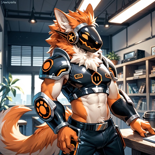 A well made pansexual male Protogen plays video games in the game room.