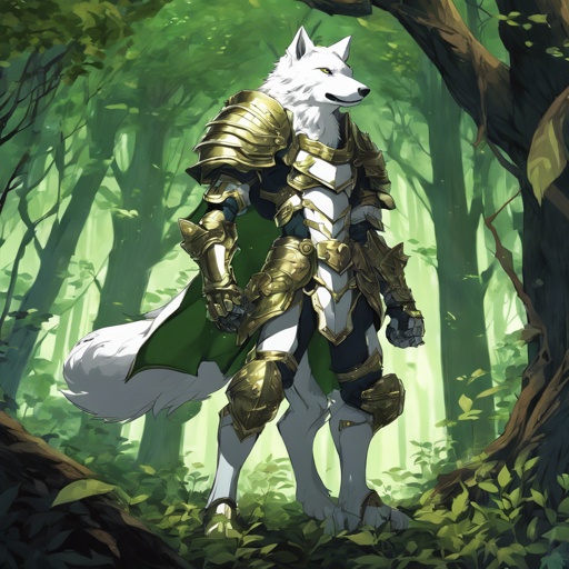 nature knight white fur wolf anthro in heavy brass with green plant trimmed armor in dark woods