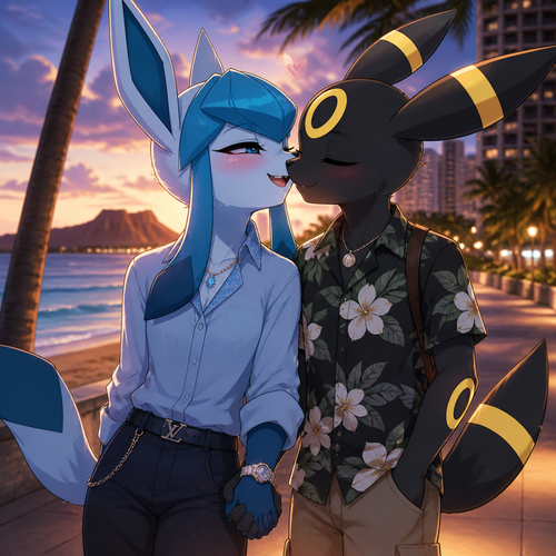 Barron Lucian Glaceon (The Barron Glaceon that wears eyeliner) so happy yet in love with his true soulmate, Rick (the non-rich grown Umbreon) came from Hawaii where he lives, wants to hold hands and kiss. In modern life. Well-made version and characters. Nothing like some billionaire lunatics. Anime.