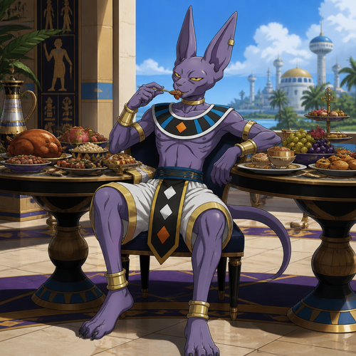 Beerus from Dragon Ball Super wearing loose Egyptian inspired shorts. He is sitting at a table eating a feast. Solo, full body.