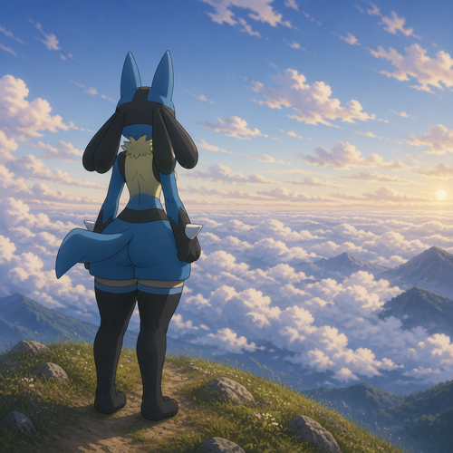 A Lucario with thick thigh highs just standing at the top of a hill enjoying some alone time and looking at the clouds from above. Animated version. back view.