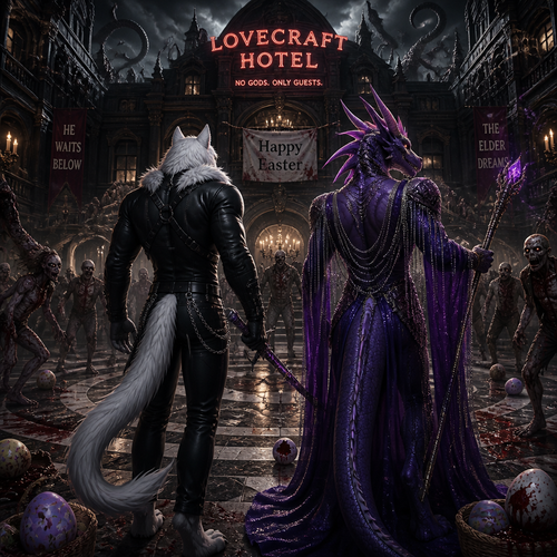 A well-made homosexual male character, Sergal and the drag queen a Dragon male, both facing the living dead inside the lovecraft hotel on today’s Easter. A badass animated version of reality. Back view.