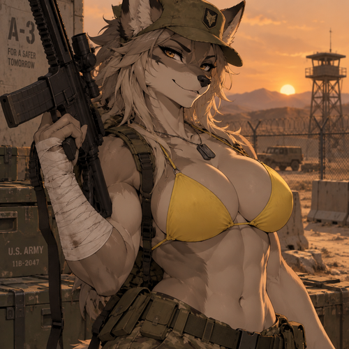 A high-quality 2D anime-style digital illustration depicting an anthropomorphic furry character with an attractive, muscular physique—showcasing powerful biceps, a full bust, and defined abs. She wears a weathered olive-green military cap and a bright yellow bikini top, maintaining a confident expression. Her right arm is heavily wrapped in white bandages extending from the wrist to the mid-forearm, and she holds a black tactical rifle. She strikes a confident, slightly provocative pose set against a desert military base; the silhouette of a distant watchtower and a wire fence stand out against a hazy, orange-hued sky. The composition is a half-body shot focusing on the character's torso and face, captured from a dramatic angle. Directional lighting creates soft shadows that accentuate the contours of her silhouette. The color palette is dominated by muted earthy tones, contrasting sharply with her fur and the vibrant yellow of her swimwear. The atmosphere is rugged yet serene.