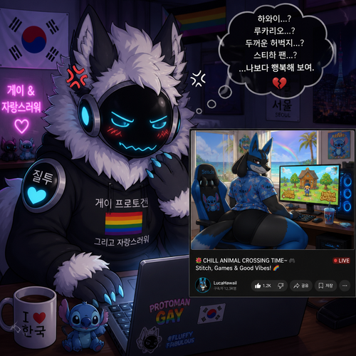 A jealous fluffy gay male Protogen (lives in South Korea), who uses his laptop and see a video of a male gay Lucario (lives in Hawaii and a stitch fan) with thick thighs and buttocks playing a game called animal crossing on PC. Animated verse. Front view. 