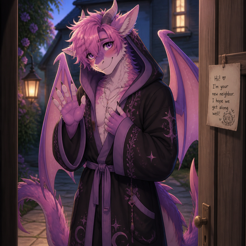 A friendly shy immortal alike femboy grown male character (well-made) anthro lung Dragon with pink & purple fur that wears a robe with a hoodie who came to say hi as a friendly neighbor.