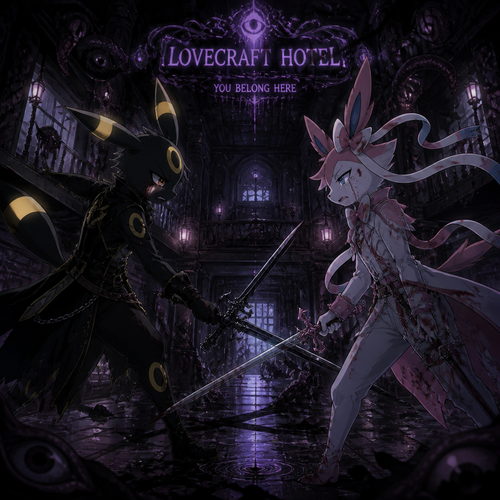 The two anthropomorphic grown male characters, A Umbreon and a Sylveon who’s been fighting and arguing each other with a sword’s battle. A sad broken relationship. Inside the cursed building that is easily a trap, the Lovecraft Hotel and it’s more than just haunted. Anger and sadness including frustration. Animated version. Wears different clothing and gear. 