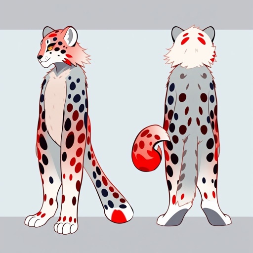 Digital art, 16:9 aspect ratio,anthro snowleopard ref sheet with the OC from 3 different sides, fur and body colors: pronounced red, dark-blue, light-grey, white, golden