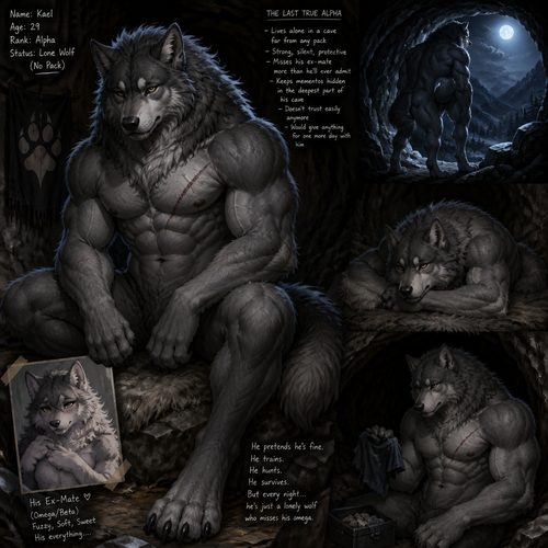 The well-made big and buff alpha male grey wolf tribe who lives in a cave all alone with no pack and misses his ex-mate (a grown fuzzy male femboy omega grey wolf beta) sadly.
