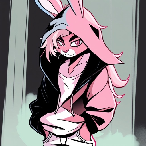 Male painted bunny pink and light pink fur has a casual hoodie, jeans, he had long and puffy hair,gay and lewd look ,fursona