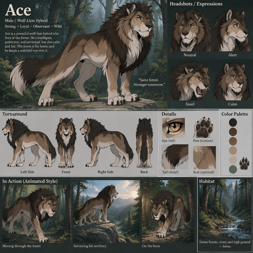A male quadruped wolf lion hybrid named Ace that lives in the forest, reference sheet, animated version 