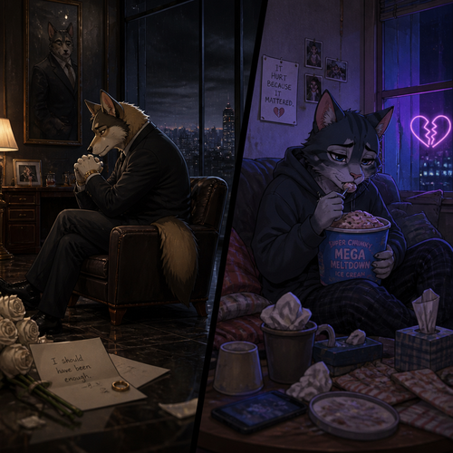 In a anthro verse on Two side ways, on a bad relationship. a rich canine Barron all alone despite his regrets, and a non-rich feline with a broken heart while eating a bucket full of ice cream. Well-made version.