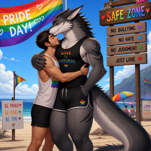 A well-made homosexual gay Sergal (male character) that wears tank-top and shorts that also has thick thighs and long tail is hugging and kissing in a man’s forehead on pride day where no any bully that bullies are not welcomed on a safe zone of a beach.