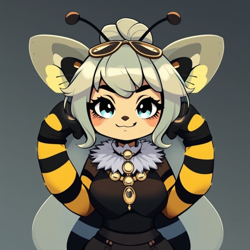 Hot bee. Girly and trendy. Cheeky and feminine. Bee-like. Four arms. Insect furry. Big fluffy collar. Insect. Four arms. Blonde. Confident. Smirking. Teasing. Big insect eyes. Multiple eyes. Curvy. Insectoid.