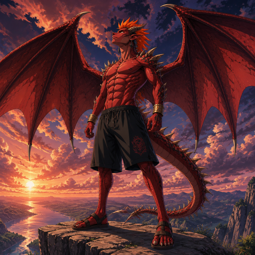A high school aged male red dragonoid with a spiked spine, standing at 6 foot 8 inches, wearing loose black shorts, shirtless showing off a 16 pack of abs, gold bracelets on both wrists, obsidian earrings on both ears, leather sandals, orange horned mohawk, with a wide wingspan. He is standing atop a cliff looking at the sky. Anime art style, solo, full body.