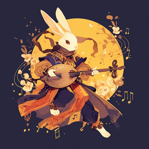 Rabbit bard playing a magical lute, musical notes visible and forming shapes of different animals --niji 6