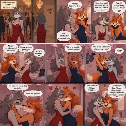 A multi panel comic about a female anthropomorphic wolf who is in a ballroom in a red dress and leaves to go piddle and runs into her fox best friend in a navy blue dress in the bathroom, after talking for a bit they start dancing together in the bathroom, after dancing for a while they kiss because they are both lesbian and are very goofy, animated style