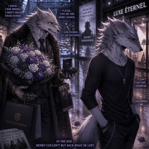 An arrogant billionaire male Sergal who brought gifts and flowers for an apology for the things he did/said by regret while begging forgiveness to an ex-boyfriend male Sergal that wears a necklace who’s not rich yet unhappy with a broken heart while looking away to ignore while walking away at the mall. A sad ending anime. (The Barrons and billionaires even trillionaires can not be trusted)