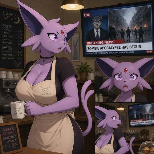 A well-made busty grown anthro female Espeon who works at a cafe wearing an apron on until today’s news on television saying about the zombie apocalypse had started. A animated universe.