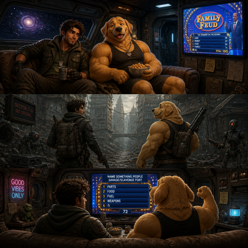 In a lone galaxy, a well-made animated version. In a spaceship, a human pilot/scavenger, and his best friend a thick homosexual anthro gay golden retriever with floppy ears. Both finding themselves on a scavenging hunt and knows how to defend themselves from any threats even some robots. In an abandoned planet unknown in a concrete jungle. And watching Family Feud on a telegraphic flat screen while on break.