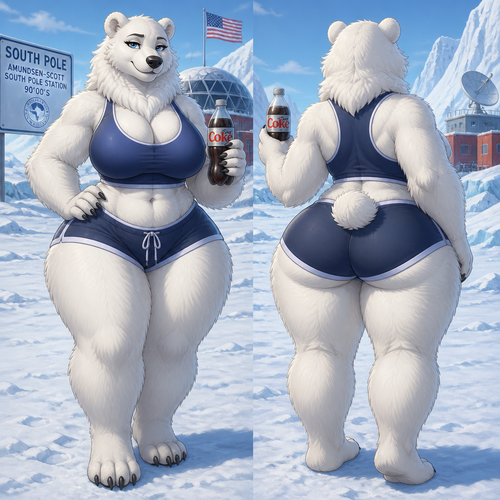A busty well-made anthro female polar bear that has thick thighs and thick fur who lives in a South Pole with a bottle of diet cola. Front/back view. Animated verse.