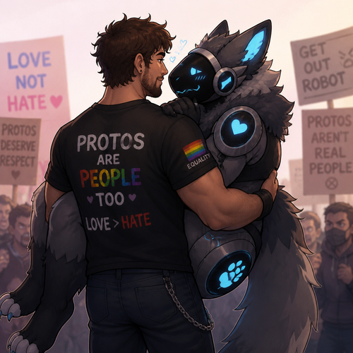 A shy (well-made original character) thick grown Protogen who’s been carried by a friendly/loving Human male as a liberal and a Protogen lover who is saving from the haters. Well-made animated version. Side/back view. Looking at each other. Art style.