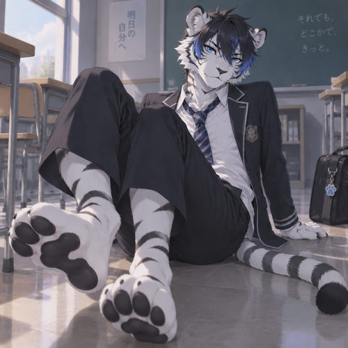 male white tiger,slim, high school, blue eyes, short black hair with blue tips, digitigrade feet, anime style, high schol uniform, feet in the air, leaning back on hands