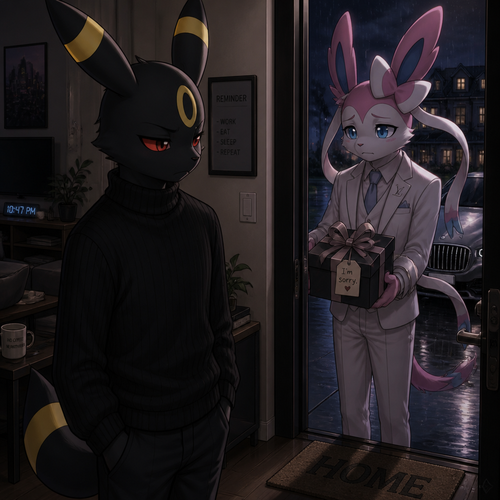An unhappy well-made Pokemon adult male character, Umbreon that wears a black sweater, wasn’t rich but lives in a modern life. standing inside of his house with a door open, sees an adult billionaire male Sylveon standing outside, and a sad look who’s offering a gift with ribbons on it for an apology. A anthropomorphic verse. 