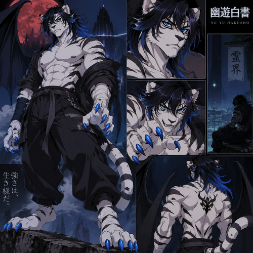 Male, anthro white tiger, digitigrade footpaws, thick black hair with blue tips, blue eyes, Muscular, Demon, Bright blue claws, Yu Yu Hakusho