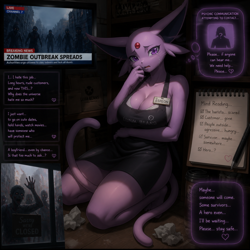 A well-made busty grown female character, Espeon. Who works at a cafe and wears an apron. Hides somewhere because being scared of blood lust zombies outside sob a little. Animated universe. Tries her best to read minds and send help despite on today’s news on television telling about the outbreak. Hated her job and wished to have a boyfriend by chance. Hoping for some rescuers, some survivors, or maybe a dreamy hero.