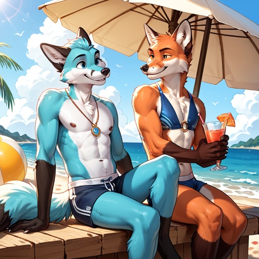 Anthro male furry smiling and looking at the sunset at the beach with other Anthro foxes in swimsuits.