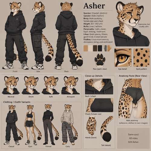 A male/female anthropomorphic cheetah named Asher that has male anatomy and muscle but female size and chest, they are fully clothed, reference sheet