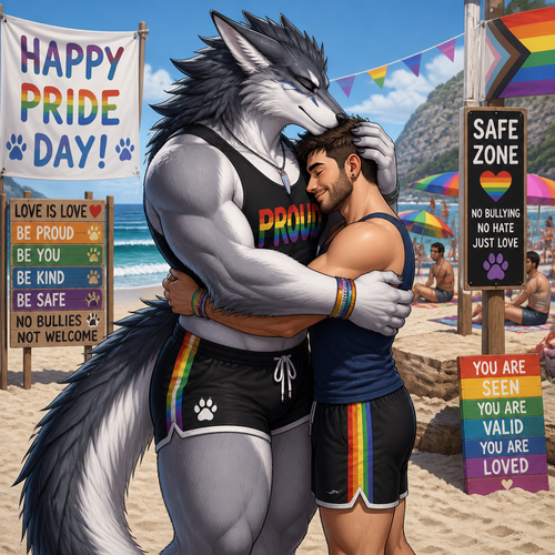 A well-made homosexual gay Sergal (male character) that wears tank-top and shorts that also has thick thighs and long tail is hugging and kissing in a man’s forehead on pride day where no any bully that bullies are not welcomed on a safe zone of a beach.
