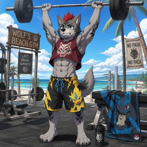 A middle school aged male dire wolf wearing loose Zeraora themed swim trunks, a maroon sleeveless shirt with a wolf skull design and a short red mohawk hairstyle. The sleeveless shirt is riding up showing off a 8 pack of abs as the dire wolf is lifting weights over his head at an outdoor beach side gym. On a bench next to him lays a Lucario style towel. Anime art style. Solo full body