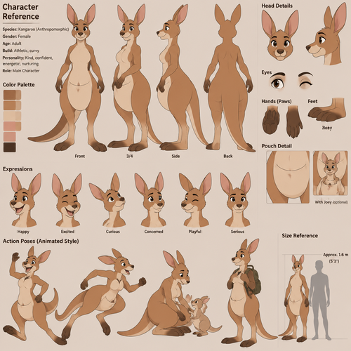 A female anthropomorphic kangaroo, has a pouch, animated version’s, reference sheet